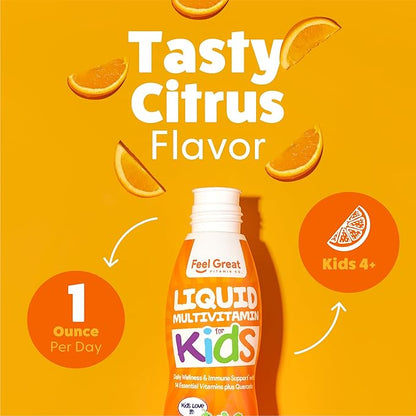 Feel Great Sugar Free Kids Multivitamin – Liquid Multivitamin | Essential Vitamins for Immune Support | Orange Flavored, Vegetarian Formula | 30 Day Supply