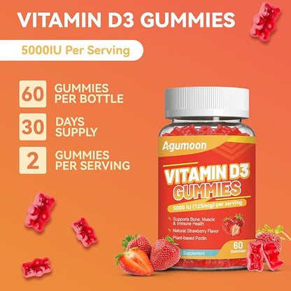 Vitamin D3 5000 IU 125mcg Gummies - Vitamin D Gummies for Adults, Support Immune, Bone, Muscle Health - Non-GMO, Gluten-Free, Dairy-Free, No Gelatin, 120 Count, Strawberry Flavor