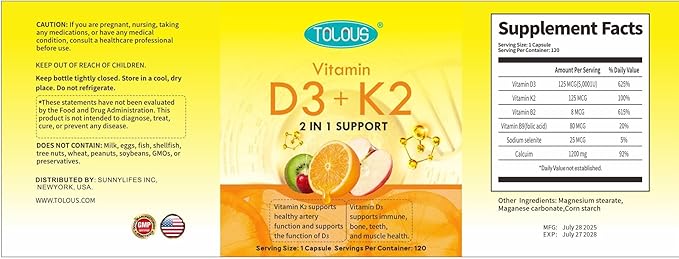 Vitamin D3+K2, D3 5000 IU with K2 MK-7 125 mcg, 120 Count, Gluten Free, 120 Day Supply