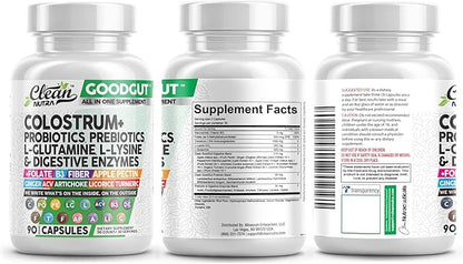 Clean Nutraceuticals Colostrum Supplement Capsules Probiotics Pills Prebiotics, L-Glutamine, Digestive Enzymes, Folate, Fiber, ACV, Turmeric, Apple Pectin and Turmeric Good Gut