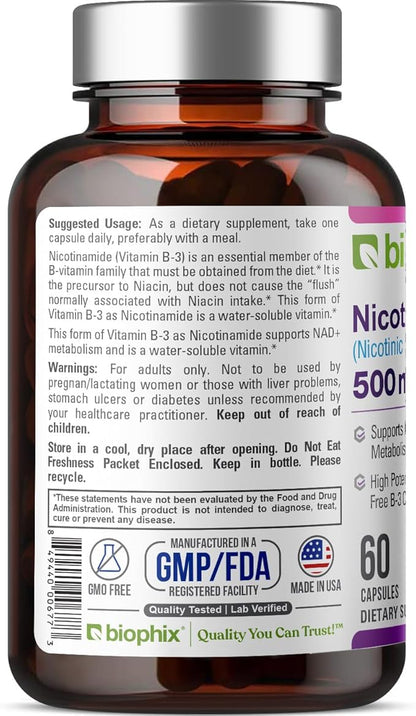 biophix B-3 Nicotinamide 500 mg 60 Caps - Nicotinic Amide Niacin Natural Flush-Free Vitamin Formula - Supports Skin Cell Health