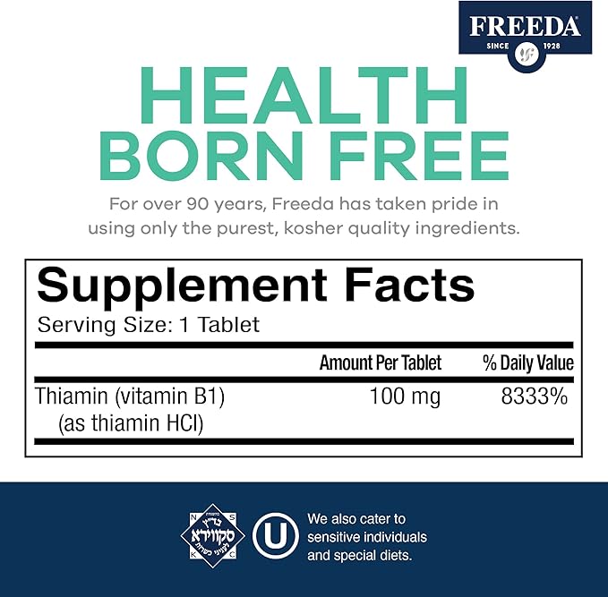Freeda Vitamin B1 Thiamine 100mg - Supports Energy Metabolism, Nervous System Health - Kosher, Vegan, Gluten Free - Thiamin HCl 100 mg Vitamin B 1 - Pure Vit B1 Vitamin Thiamine B1 Supplement (100 Ct)