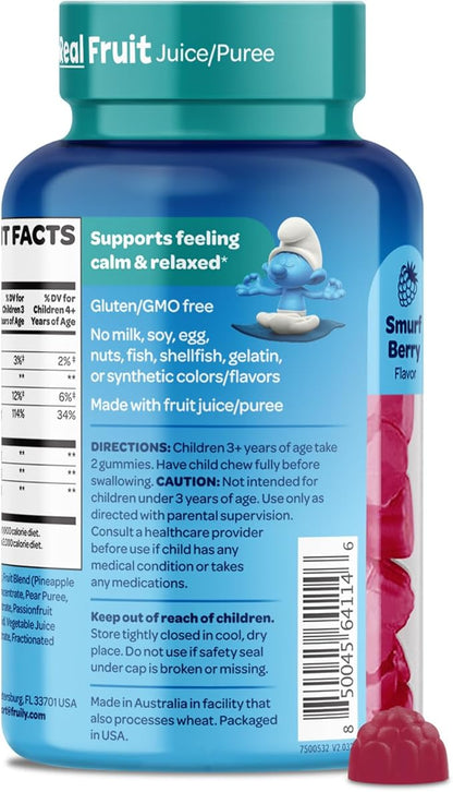 Smurfs Kids Calm Gummies | Calming Gummies for Kids with Lemon Balm & L Theanine | Made with Real Fruit | Doctor Developed | Gelatin Free Non-GMO No Artificial Flavors or Colors | 40 Servings