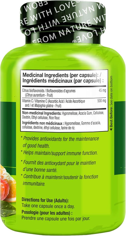 NATURELO Vitamin C with Organic Acerola Cherry Extract and Citrus Bioflavonoids - Vegan Supplement - Immune Support - 500 mg VIT C per Cap - Non-GMO - 90 Capsules