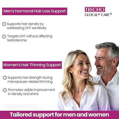 GlocalCare Tricho - Hair Growth Supplement, DHT Blocker with Saw Palmetto, 5000mcg Biotin & L-Cysteine - Revitalizes Thinning Hair, Stimulates Follicles & Promotes Regrowth in Men & Women - 30 ct