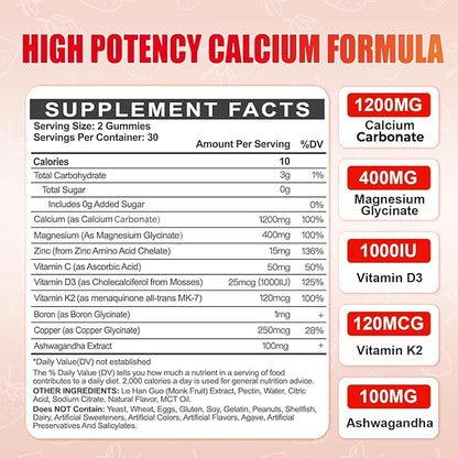 Calcium Magnesium Zinc Gummies with Vitamin D3 for Adults, Calcium Citrate 1200mg with K2, Boron, Copper and Ashwagandha, Absorption Calcium Supplement for Bone, Muscle, Immune for Men Women, 60 Count