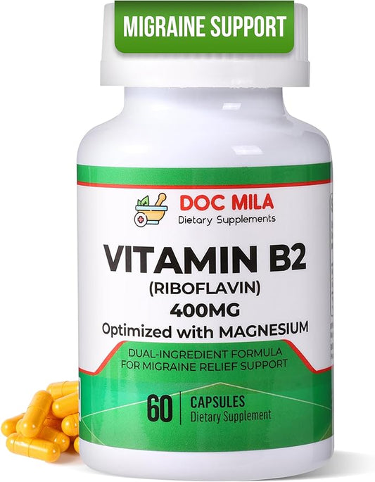 Vitamin B2 Riboflavin 400mg Capsules – Migraine Relief Supplement for Kids & Adults – Headache Support – Vegan Vitamin Tablets – 60 Pills (200mg per Capsule)