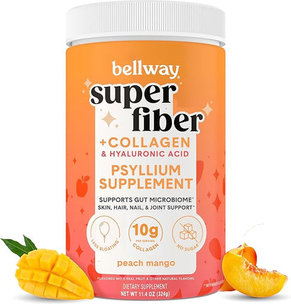 Bellway Super Fiber Powder + Collagen, Sugar-Free Psyllium Husk Powder with Collagen Peptides and Hyaluronic Acid for Digestive Health, Healthy Skin, Nails, Bones & Joints, Peach Mango (20 Servings)