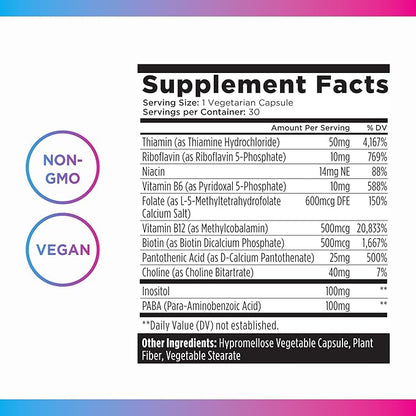Livingood Daily Vitamin B Complex Capsules for Men and Women, Methylated B12 & Folate, 11 Active Forms Including B1 B2 B3 B5 B6 & Biotin, Gluten Free, Vegan B Vitamins for Hair Skin Nails, 30 Capsules