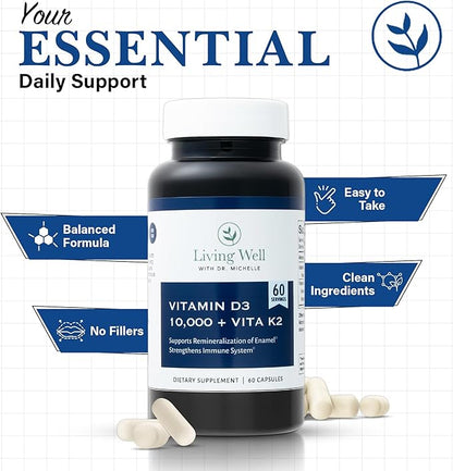 Vitamin D3 10,000 IU with K2 – Immune, Teeth, Bone Health Support, Non-GMO, Gluten & Dairy Free, 60 Day Supply, 60 Capsules