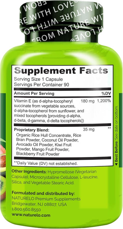 NATURELO Vitamin E - 180 mg (300 IU) of Natural Mixed Tocopherols from Organic Whole Foods - Supplement for Healthy Skin, Hair, Nails, Immune & Eye Health - Non-GMO, Soy Free - 90 Vegan Capsules