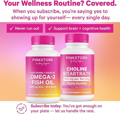 Pink Stork Choline - 550 mg Choline Bitartrate from VitaCholine for Pregnant + Postpartum Moms - Prenatal Vitamin for Fetal Cognitive Health + Breast Milk Quality - 1 Capsule Daily, 30 Count
