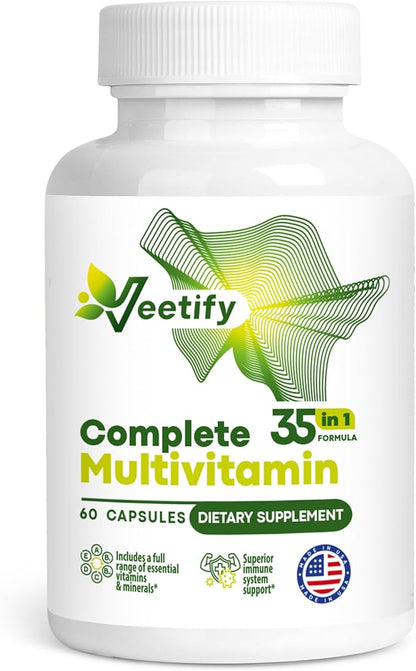 Complete Multivitamin 35‑in‑1 – High‑Potency Daily Vitamins & Minerals with Antioxidants (A, B‑Complex, C, D, E), Magnesium, Zinc & Green‑Tea Detox Formula for Women & Men – 60 Veggie Capsules