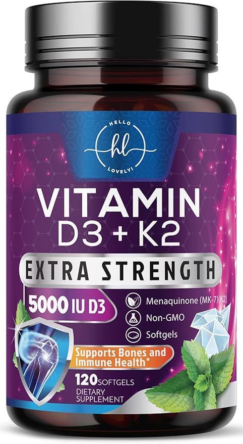 Vitamin D3 K2 - Vitamin D3 (5000 iu) & 100 mcg Vitamin K2 (MK-7) Complex for Immune Support & Bone, Teeth & Muscle Health - Easy to Swallow, Gluten Free, Non-GMO, Bottled in USA - 120 Softgels