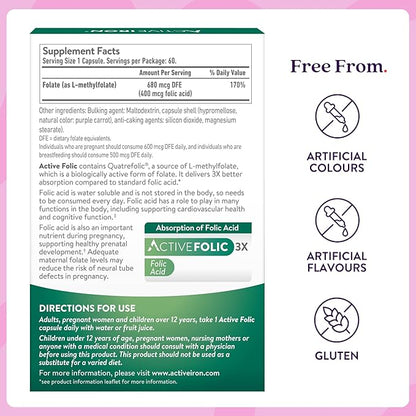 Active Folic 400mcg – L-Methylfolate Folic Acid Supplement – Highly Absorbed, Vegan – Supports Pregnancy, Energy, Tiredness & Fatigue Reduction – 60 Capsules (2-Month Supply)