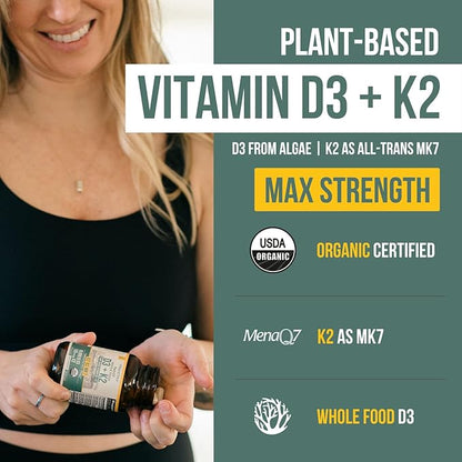 Organic Plant D3 + K2 | 10000 IU D3 + 120 mcg K2 as All-Trans MK7 from MenaQ7® - 100% Whole Food, Raw & Vegan | Enhanced Digestion with Prebiotic & Superfood Complex – D3 from Organic Algae (60 Count)