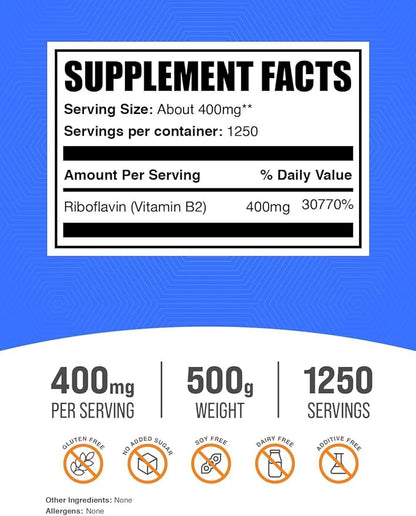 BulkSupplements.com Riboflavin Powder - as Vitamin B2, Vitamin B2 Supplement - Riboflavin 400mg, B Vitamins for Wellness, Gluten Free, 400mg per Serving, 500g (1.1 lbs) (Pack of 1)