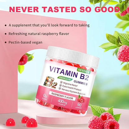 Vitamin B2 Gummies Riboflavin 400mg Supplement with Magnesium for Kids & Adults B2 Gummies for Migraine Relief, Headache Relief & Nervous System Support, Vegan, Sugar-Free, Raspberry Flavor 90 Count