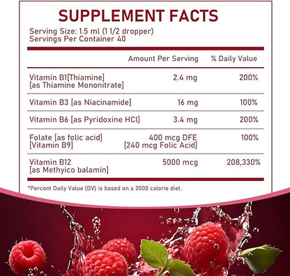 Vitamin B12 Complex with B1, B6, Vitamin B12 Raspberry Liquid Supplement, Essential Vitamin 5-in-1 Vitamin B Complex Liquid Drops, Brain Function, Focus, and Natural Energy Support (2PCS)