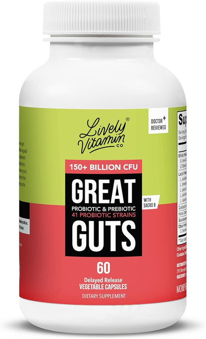 LIVELY VITAMIN CO. Great Guts Probiotic - 150 Billion CFU Probiotic - Balance Gut Microbiome, GI Tract, Inflammation, Indigestion, Reflux, Upset Stomach, & Diarrhea - 60 Caps