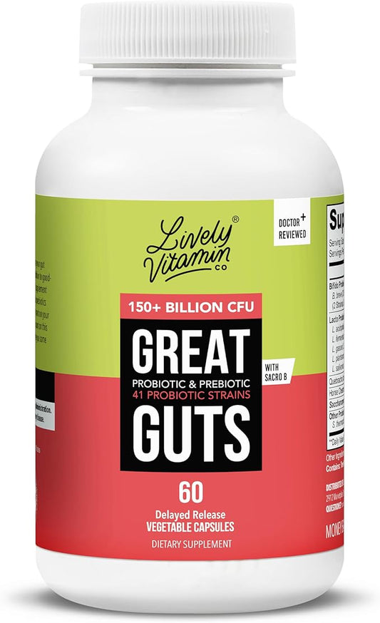 LIVELY VITAMIN CO. Great Guts Probiotic - 150 Billion CFU Probiotic - Balance Gut Microbiome, GI Tract, Inflammation, Indigestion, Reflux, Upset Stomach, & Diarrhea - 60 Caps
