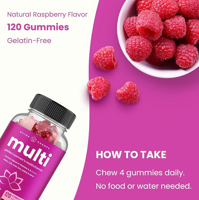 NutraChamps Multivitamin for Women, 120 Count, Vitamins A, B, C, D, E, Biotin, Folic Acid, Womens Gummy Multivitamins, Chewable Daily Multi Gummy Vitamins for Women
