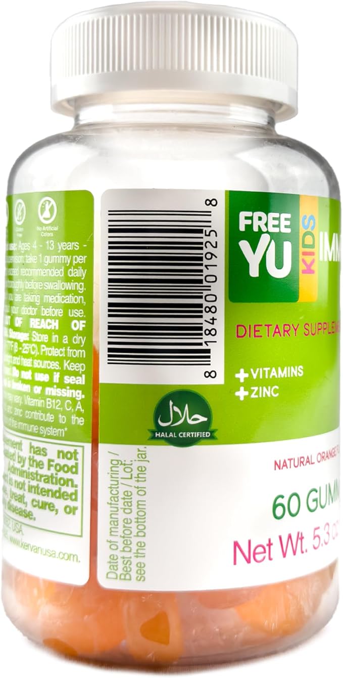 Halal & Gluten Free Kids Immunity Gummy - Dietary Supplement with Vitamins for Kids & Children - Chewable Multivitamin Booster Gummies with B12, Zinc, Vitamin C, D, E, A - 60 Gummies (5.3 oz)