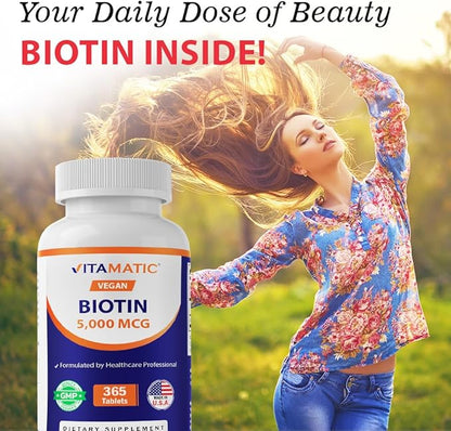 Vitamatic Biotin 5000mcg (5 mg) for Stronger Hair, Skin & Nails - 365 Vegan Tablets- Also Called Vitamin B7-2 Pack