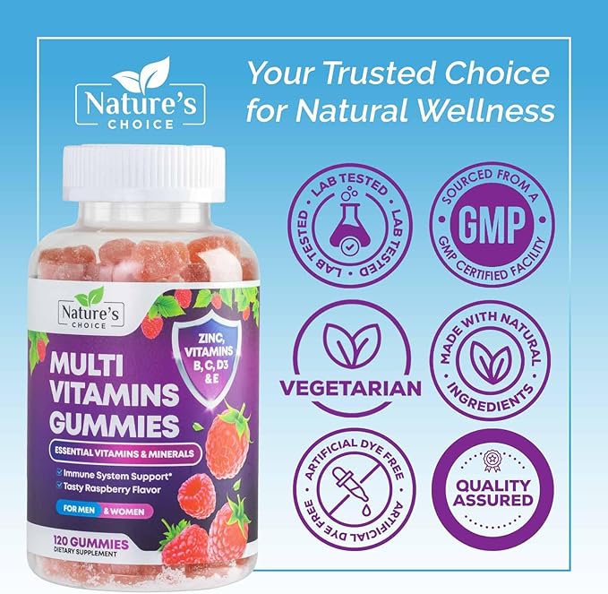 Multivitamin Gummies - Nature's Daily Gummy Multivitamins for Adults, Women & Men with Vitamins A, C, E, B6, B12, and Minerals - Natural Multi Vitamin Supplement, Non-GMO, Berry Flavor - 120 Gummies