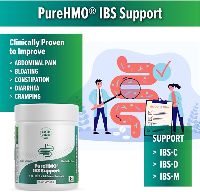 Layer Origin PureHMO IBS Support - Clinically Tested Super Prebiotic + Probiotic for IBS - Strengthen Gut Barriers and Restore Your Gut Functions