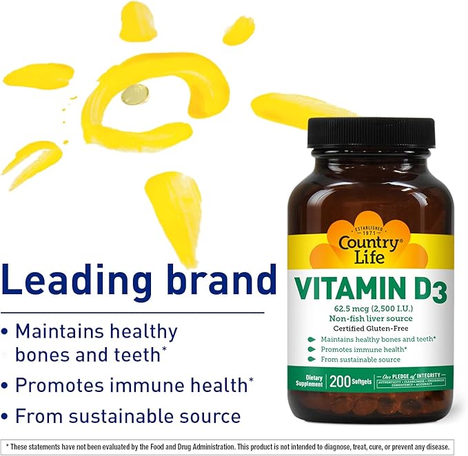 Country Life Vitamin D3 2500 IU – Non-Fish Derived, High Potency Vitamin D3 for Bone Strength, Immune Support & Calcium Absorption – Certified Gluten-Free, 200 Softgels