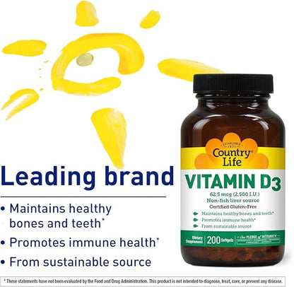 Country Life Vitamin D3 2500 IU – Non-Fish Derived, High Potency Vitamin D3 for Bone Strength, Immune Support & Calcium Absorption – Certified Gluten-Free, 200 Softgels