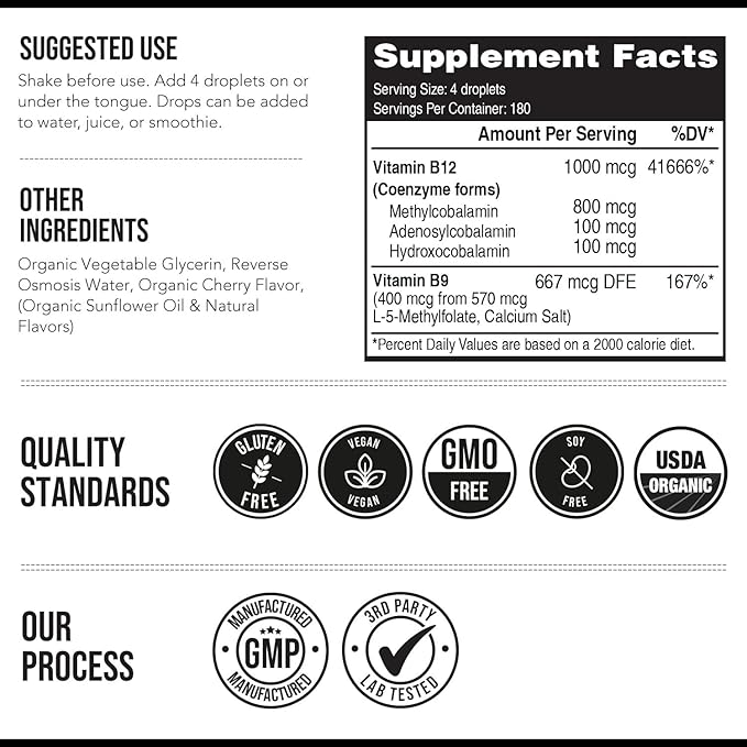 BioActive Vitamin B12 1000 mcg | Contains 3 BioActive Forms B12 Plus Methylfolate Cofactor - Methyl B12, Adenosyl B12 & Hydroxy B12 | Sublingual Form, Cherry Flavor, Organic, Vegan (180 Servings)