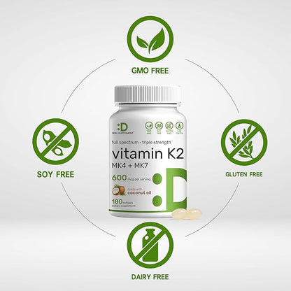 DEAL SUPPLEMENT Vitamin K2 Supplement 600mcg, 180 Coconut Oil Softgels | Full Spectrum High Absorption MK-7 & MK-4 Forms | Bone, Joint, & Immune Support – Non-GMO