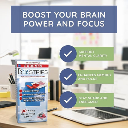 2,000 mcg Methylcobalamin Vitamin B12 Sublingual Energy Strips | Biotin, B6, 5-MTHF L-Methylfolate | Sublingual B12 Vitamins, Folate | Energy, Brain Health, Nerve Function - 90 Strips