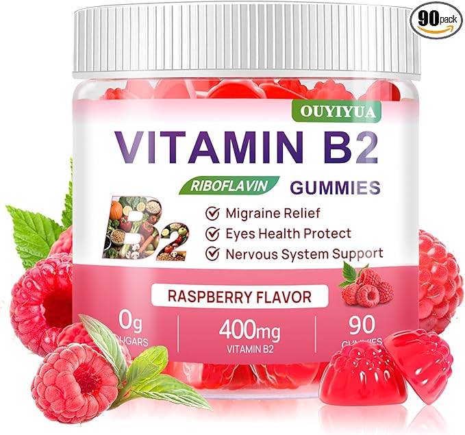 Vitamin B2 Gummies Riboflavin 400mg Supplement with Magnesium for Kids & Adults B2 Gummies for Migraine Relief, Headache Relief & Nervous System Support, Vegan, Sugar-Free, Raspberry Flavor 90 Count