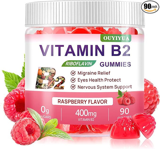Vitamin B2 Gummies Riboflavin 400mg Supplement with Magnesium for Kids & Adults B2 Gummies for Migraine Relief, Headache Relief & Nervous System Support, Vegan, Sugar-Free, Raspberry Flavor 90 Count