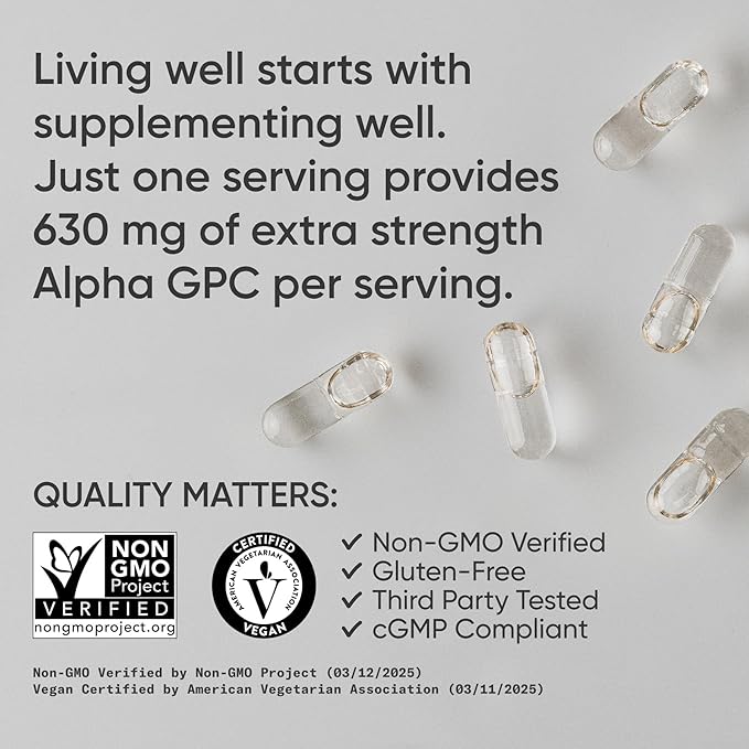 Sports Research® Alpha GPC 630mg (Extra Strength) - Bioavailable Source of Choline - Focus & Cognitive Support for Women & Men - Vegan Certified · Non-GMO · Gluten Free - 60 Liquid Capsules