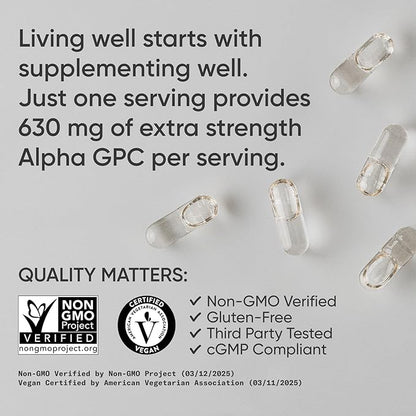 Sports Research® Alpha GPC 630mg (Extra Strength) - Bioavailable Source of Choline - Focus & Cognitive Support for Women & Men - Vegan Certified · Non-GMO · Gluten Free - 120 Liquid Capsules