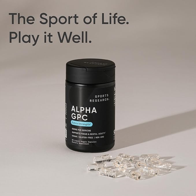 Sports Research® Alpha GPC 630mg (Extra Strength) - Bioavailable Source of Choline - Focus & Cognitive Support for Women & Men - Vegan Certified · Non-GMO · Gluten Free - 60 Liquid Capsules