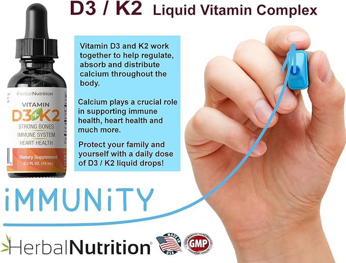 Herbal Nutrition Organic Vitamin D3 K2 Drops – 5000 IU D3 + 63mcg MK7 K2 – 270 Servings, Vegan, Liquid Supplement Superior Delivery – Bone, Heart, Immune & Mood Support – Peppermint Flavor