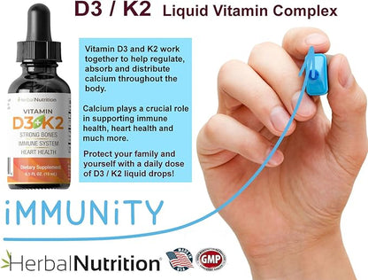 Herbal Nutrition Organic Vitamin D3 K2 Drops – 5000 IU D3 + 63mcg MK7 K2 – 270 Servings, Vegan, Liquid Supplement Superior Delivery – Bone, Heart, Immune & Mood Support – Peppermint Flavor