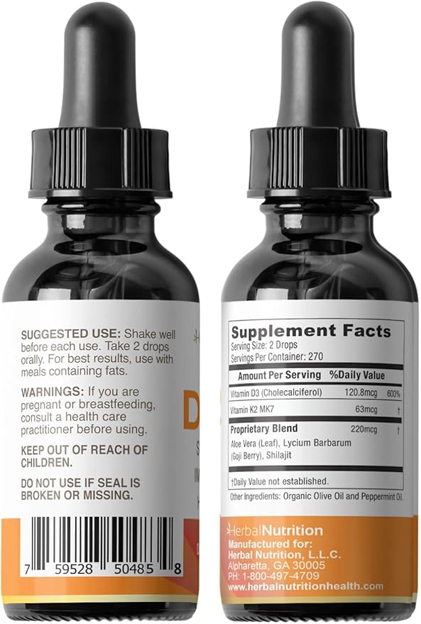 Herbal Nutrition Organic Vitamin D3 K2 Drops – 5000 IU D3 + 63mcg MK7 K2 – 270 Servings, Vegan, Liquid Supplement Superior Delivery – Bone, Heart, Immune & Mood Support – Peppermint Flavor