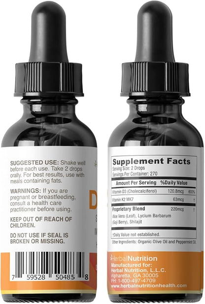Herbal Nutrition Organic Vitamin D3 K2 Drops – 5000 IU D3 + 63mcg MK7 K2 – 270 Servings, Vegan, Liquid Supplement Superior Delivery – Bone, Heart, Immune & Mood Support – Peppermint Flavor