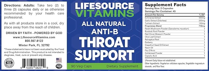 LifeSourceVitamins Throat Support - Anti-B - 90 Caps - Proprietary Formula -LSV, 1 Count (Pack of 1)