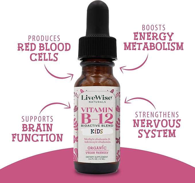 LiveWise Naturals Vitamin B12 Liquid Drops for Kids | Toddlers and Children I Methylcobalamin and Adenosylcobalamin | USDA Organic I Vegan | Non-GMO | Gluten Free | Low Dose
