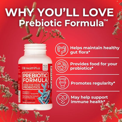 Health Plus Prebiotic Formula - Probiotics + Prebiotics + Digestive Enzymes - Gluten Free, Dairy Free, Natural Herbal Ingredients (180 Capsules, 60 Servings)