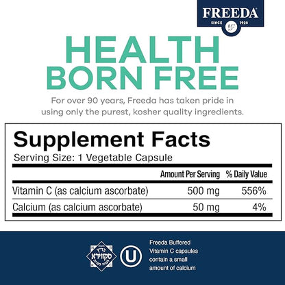 FREEDA Buffered Vitamin C 500mg – Non-Acidic Calcium Ascorbate – Immune Support & Antioxidant – Kosher, Gentle on Stomach – 100 Capsules