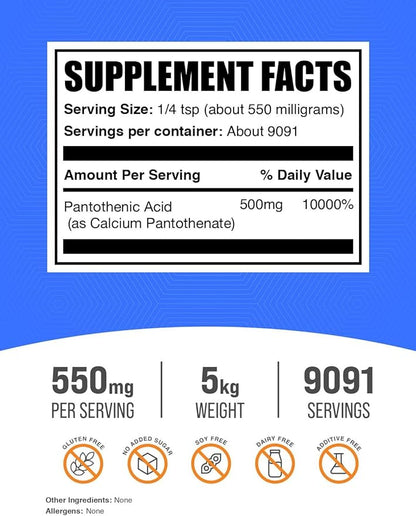 BulkSupplements.com Vitamin B5 Powder - as Calcium Pantothenate, B5 Vitamins - Gluten Free, 500mg of Vitamin B5 Pantothenic Acid per Serving, 5kg (11 lbs) (Pack of 5)
