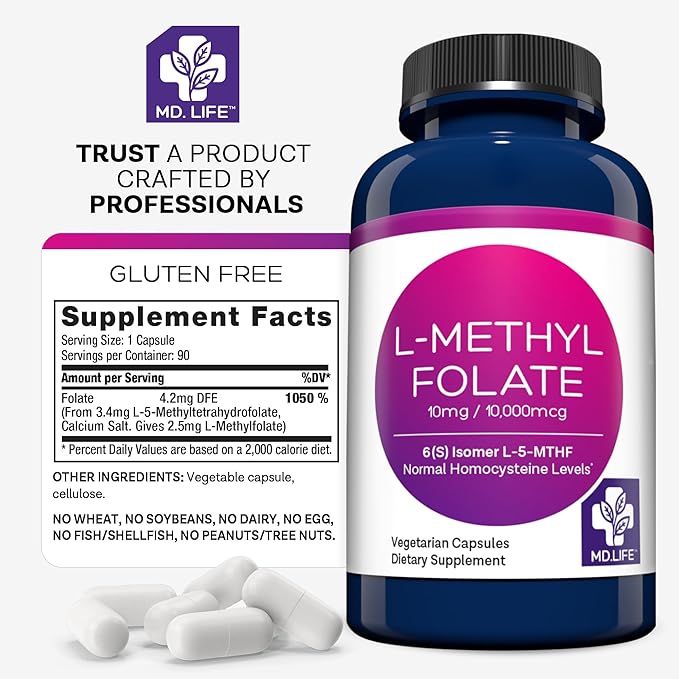 MD Life L-Methylfolate 10 mg Supplement - Professional-Grade Active L Methylfolate Supplement - 90 Capsules - L-Methylfolate 10mg - Maximum Potency MTHFR W/Essential Amino Acids
